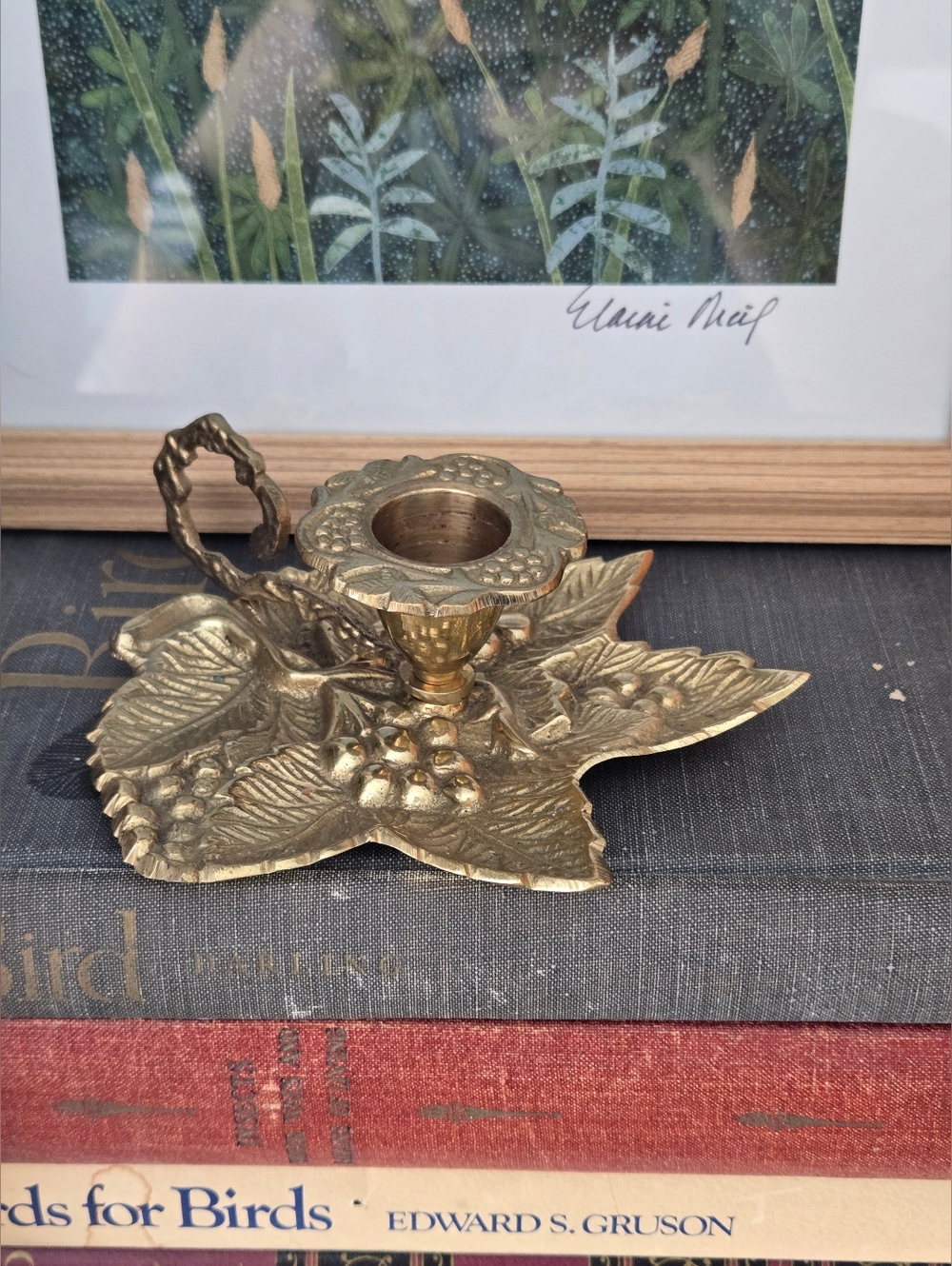 VTG Solid Brass Grape Cluster Leaf Vine Stamped Chamberstick Candle Holder